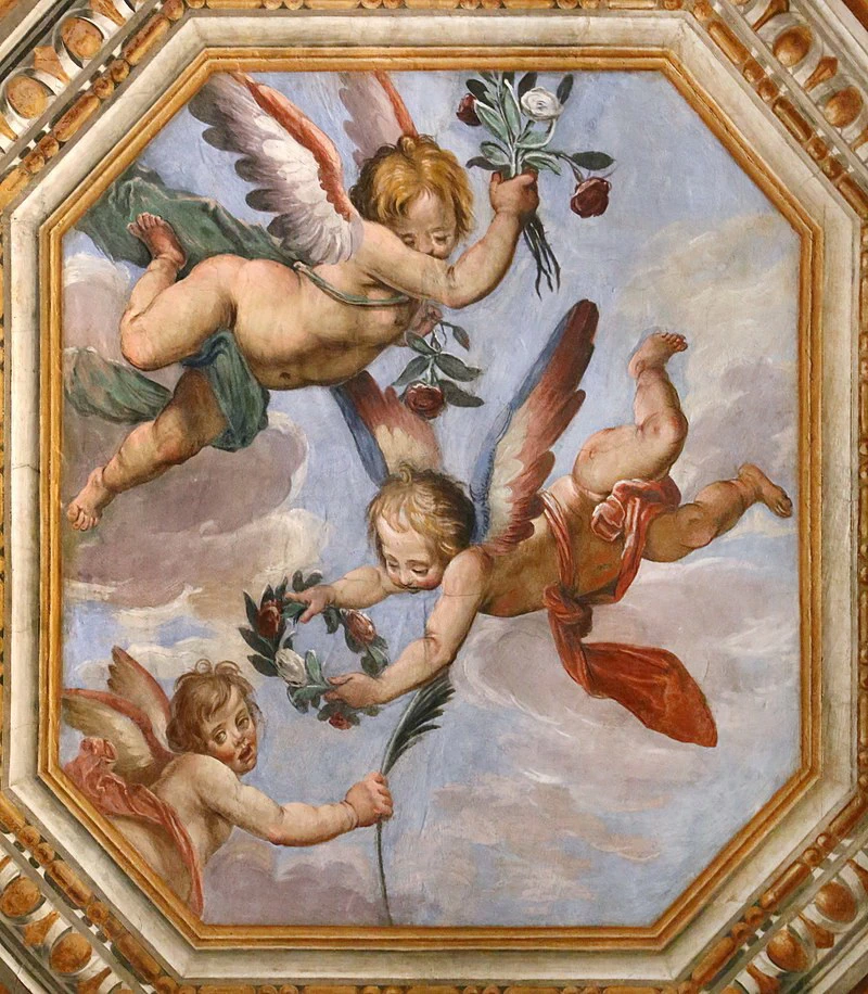 Oratorio dei Vanchetoni (Firenze) - angeli con rose, corona di fiori e ramo di palma